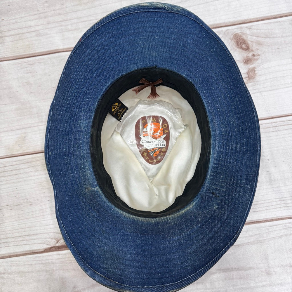 Vintage Denim Cowboy Hat By Canyon Trails Multicolor Ribbon & Feather 3” Brim - Picture 5 of 7